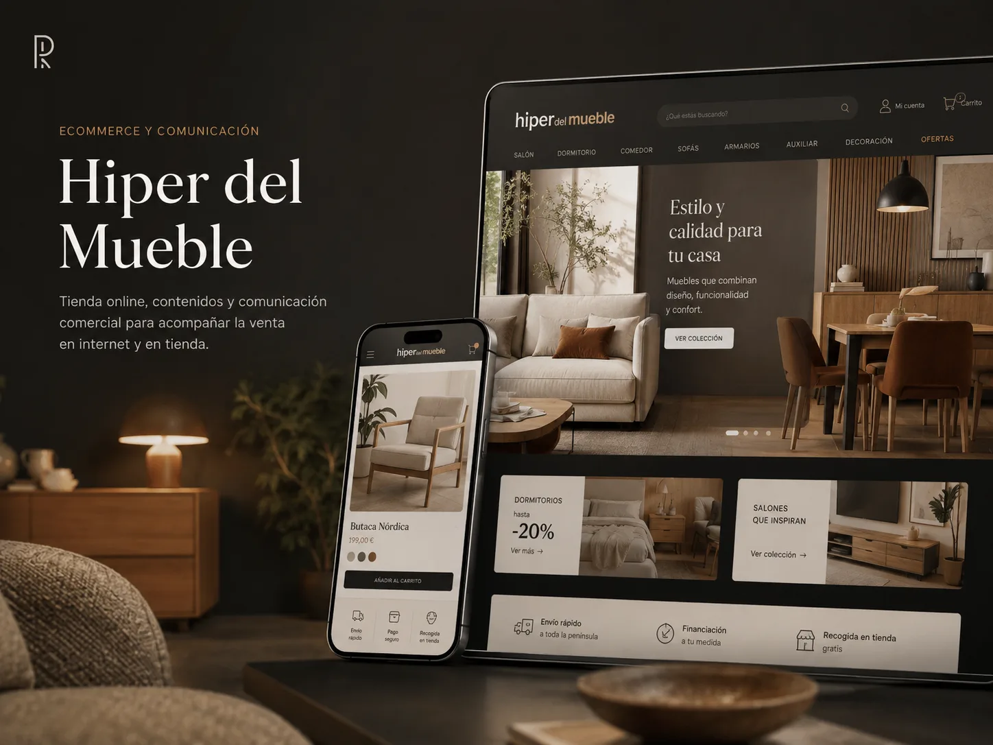 Tienda online de Hiper del Mueble mostrada en un entorno de hogar